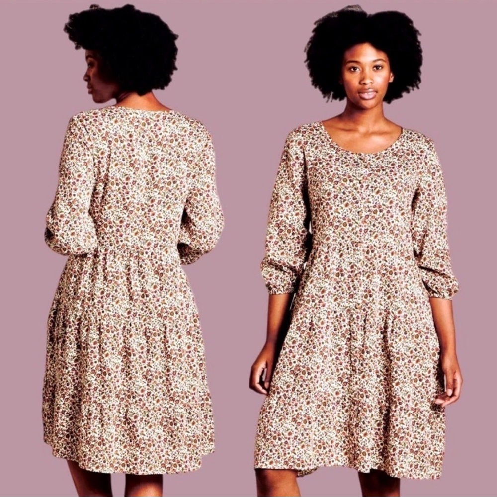 Toad & Co Manzana Tiered 3/4 Sleeve Dress Women’s S Org Cotton Floral Scoop Neck